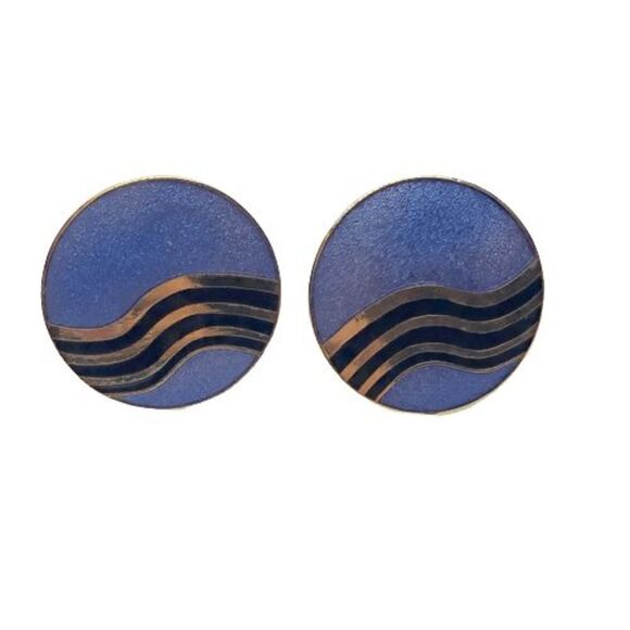 Isle of Skye Gold Tone Blue Enamel Round Button Earrings - Converted to Clip Ons - Picture 1 of 6
